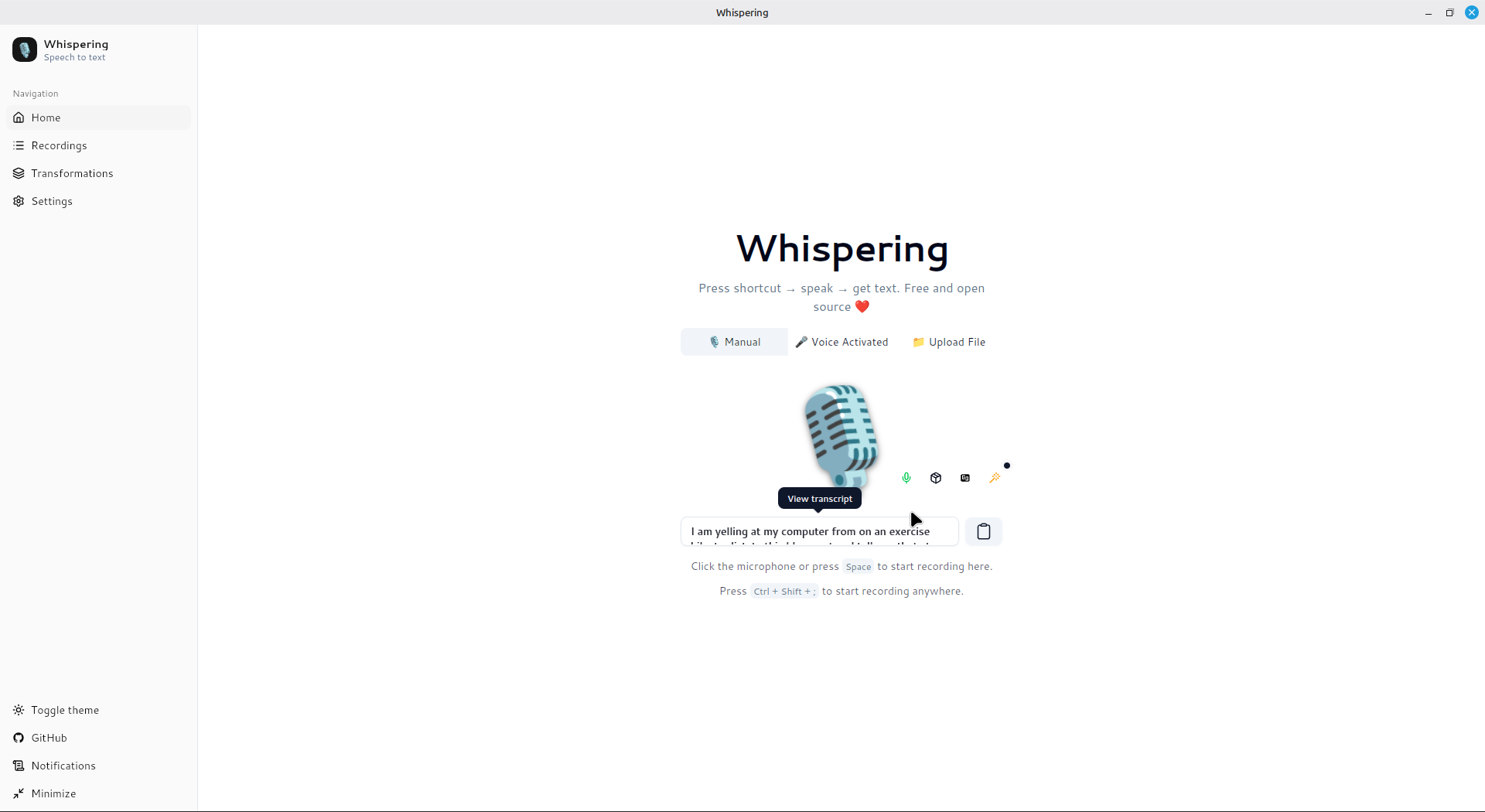 Deliciously meta screenshot of dictating this blogpost into Whispering.
