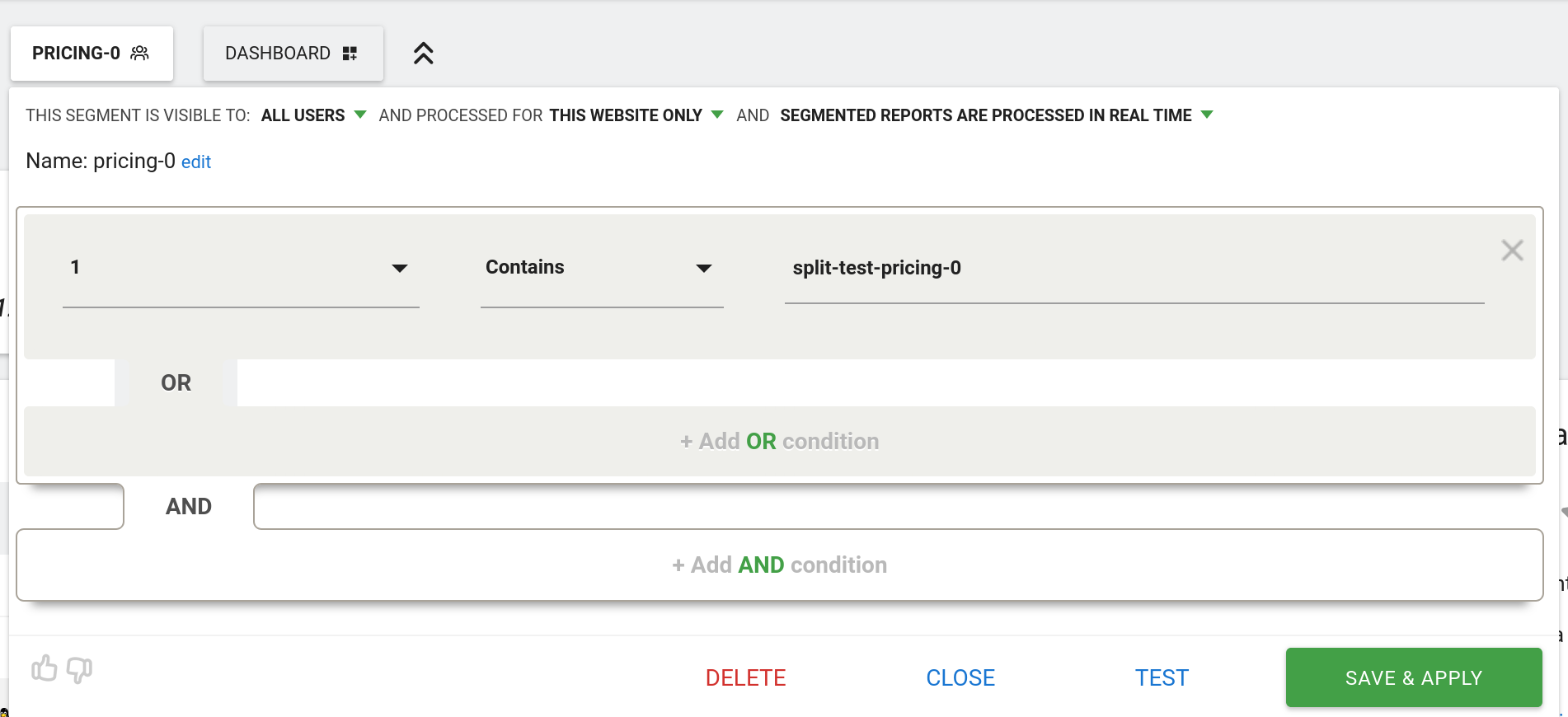 Matomo create control split testing segment
