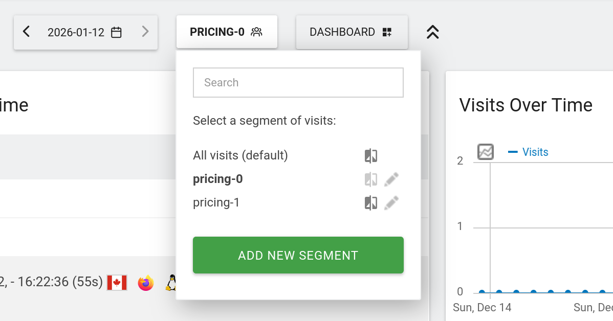 Matomo compare control and variant split testing segments
